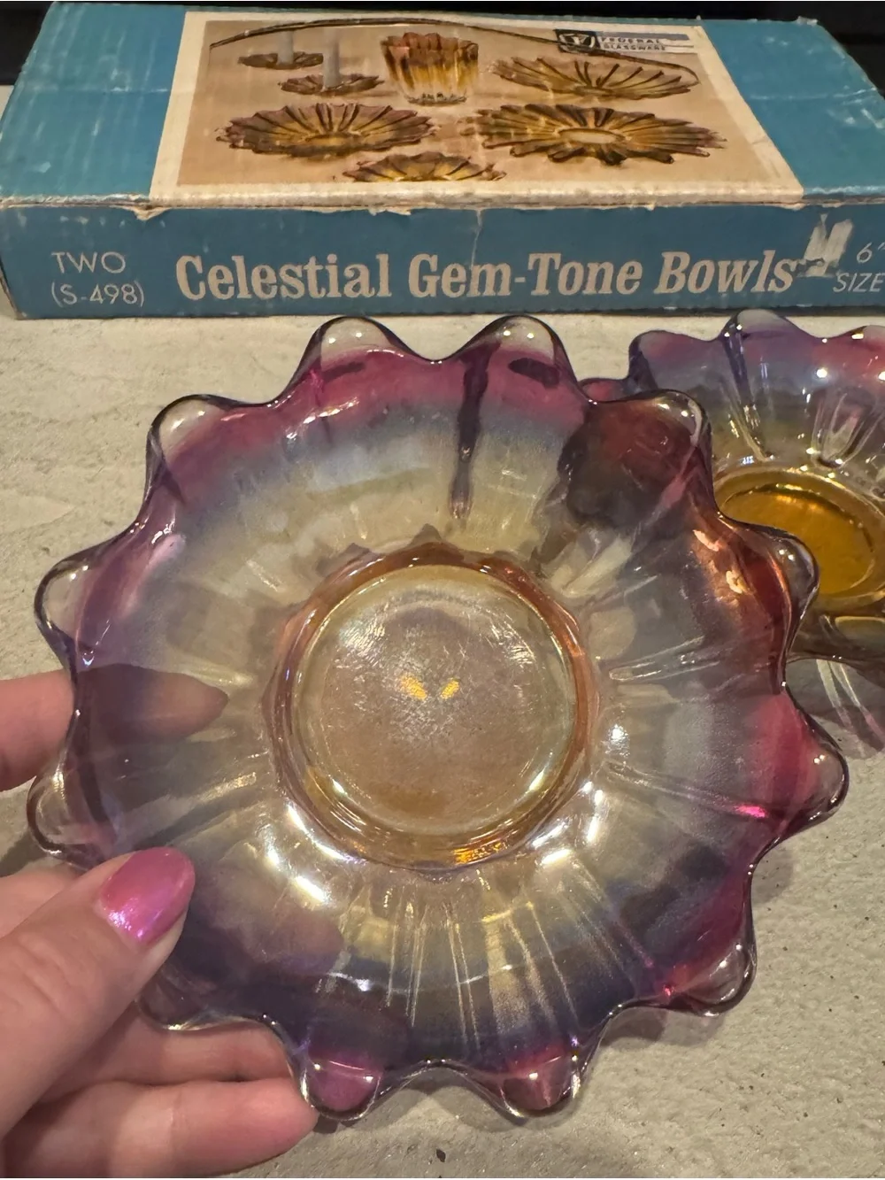 Federal Glass Celestial Gem-Tone Bowls S-498, 6“, original box